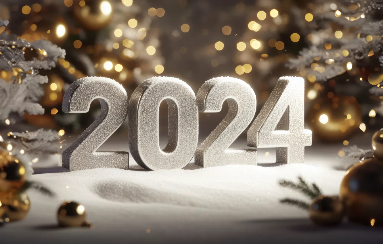 Фото обои цифры, Новый год, golden, snow, decoration, numbers, New year, 2024