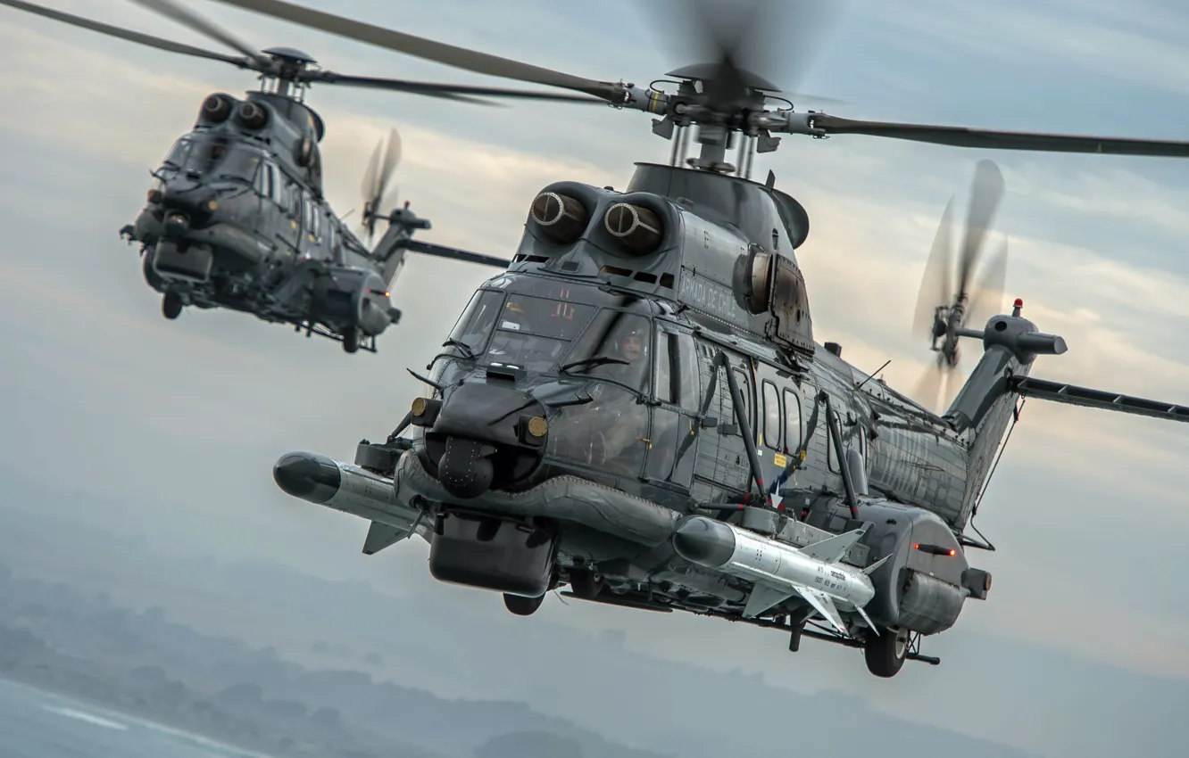 Фото обои Вертолет, Airbus Helicopters, ВМС Чили, H225, Airbus Helicopters H225M, ПКР, MBDA, AM39 Exocet