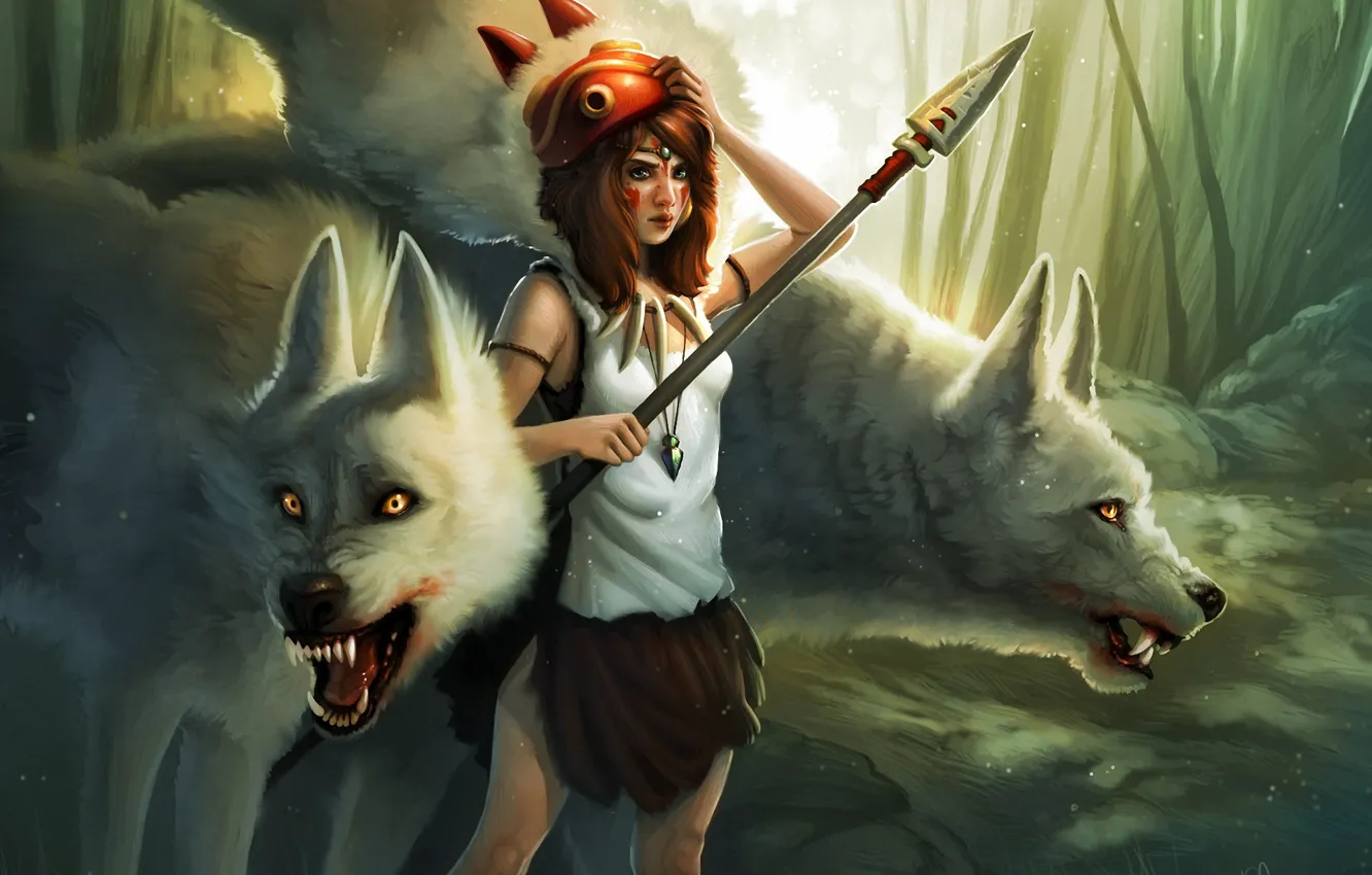 Фото обои лес, девушка, маска, арт, кулон, волки, копье, Princess Mononoke