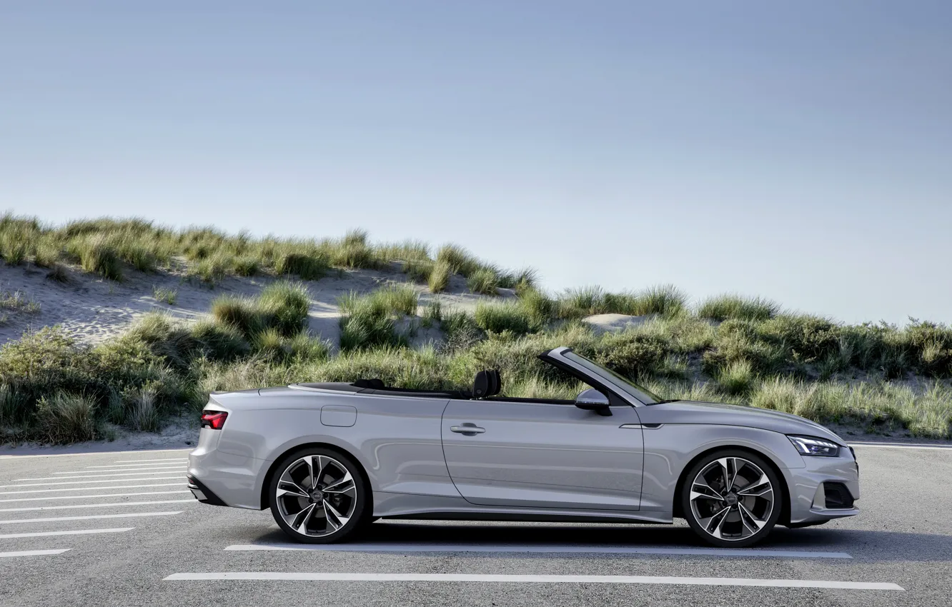 Фото обои серый, Audi, растительность, кабриолет, Audi A5, сбоку, A5, 2019