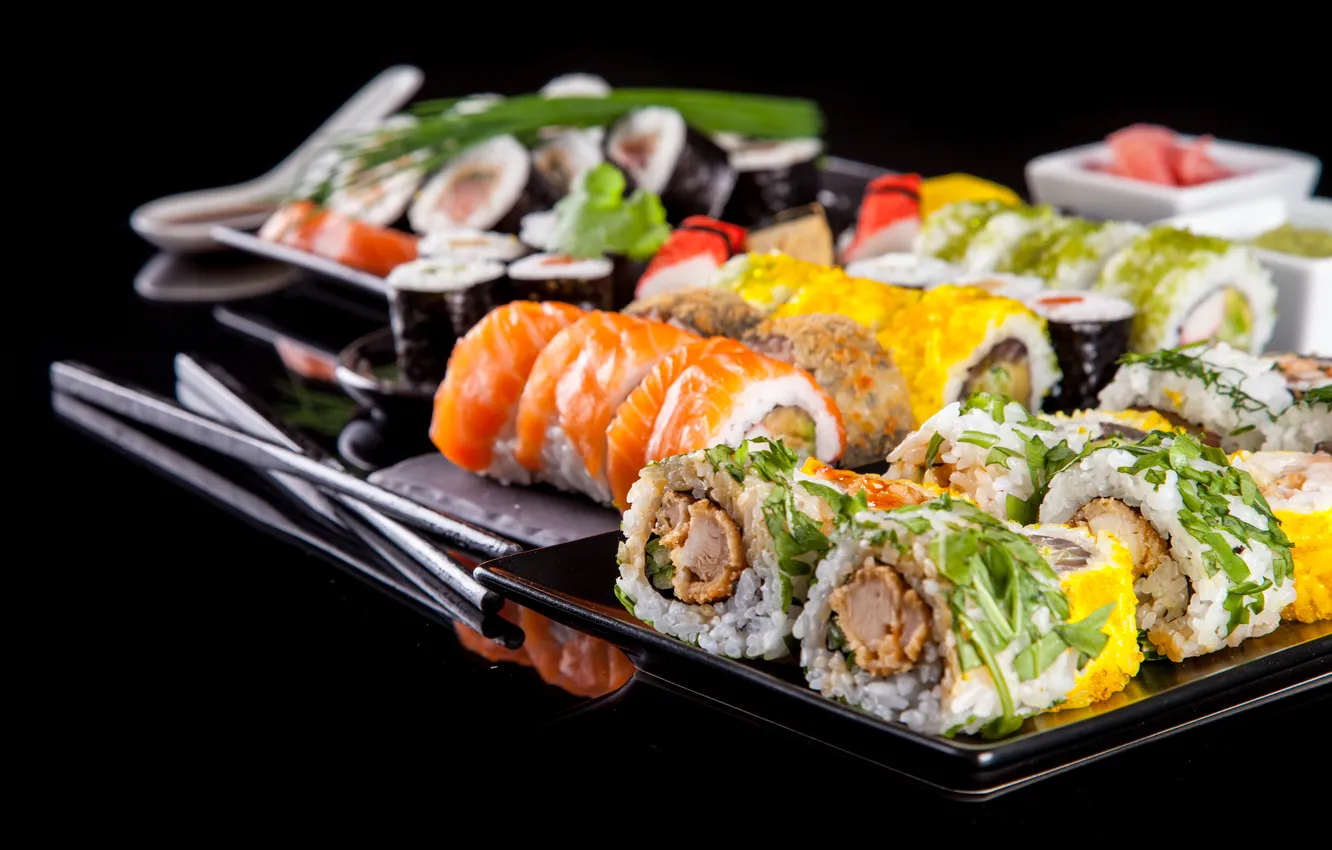 Фото обои зелень, green, rolls, sushi, суши, роллы, начинка, японская кухня