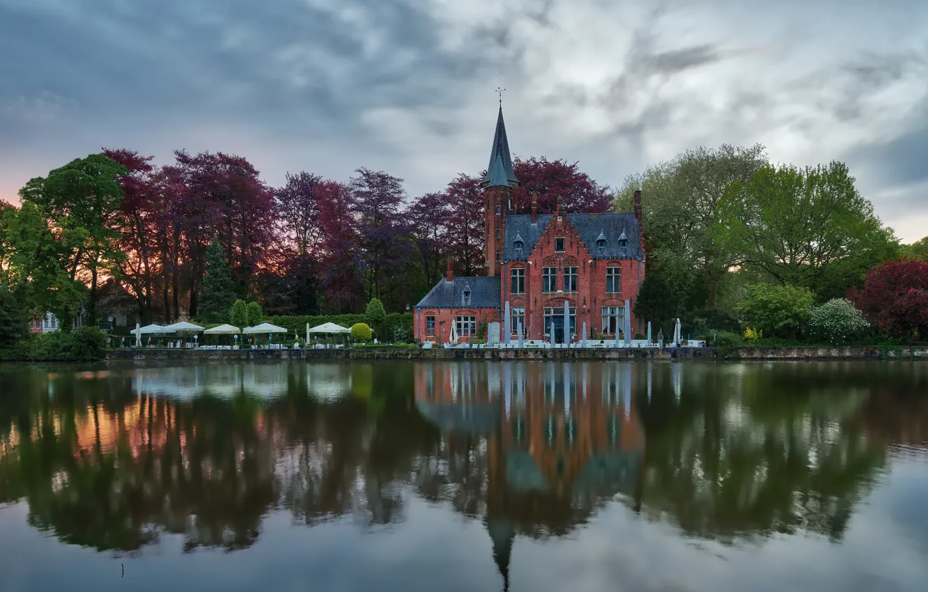Фото обои пейзаж, природа, город, пруд, отражение, здание, ресторан, Бельгия