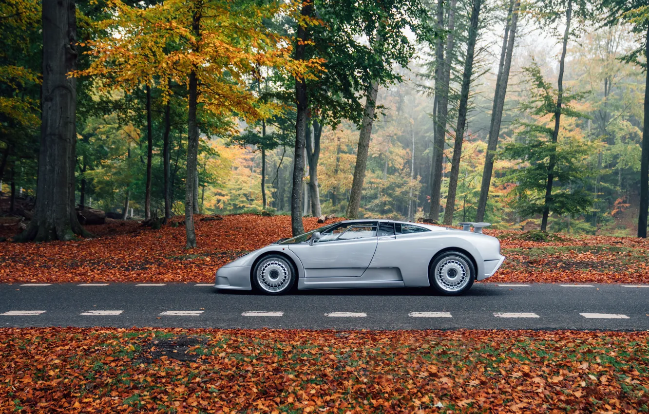 Фото обои Bugatti, supercar, road, trees, side view, Bugatti EB110 GT, EB 110