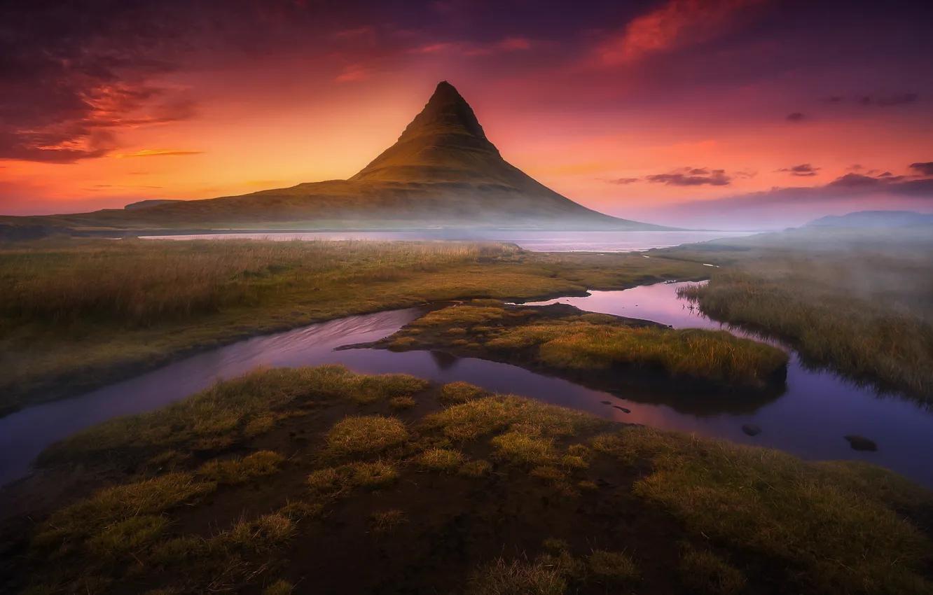 Фото обои вода, свет, гора, вечер, утро, дымка, Исландия