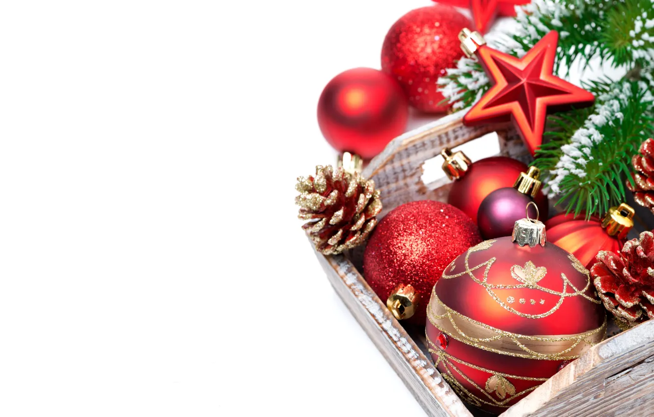 Фото обои украшения, коробка, шары, Рождество, Новый год, Christmas, balls, box