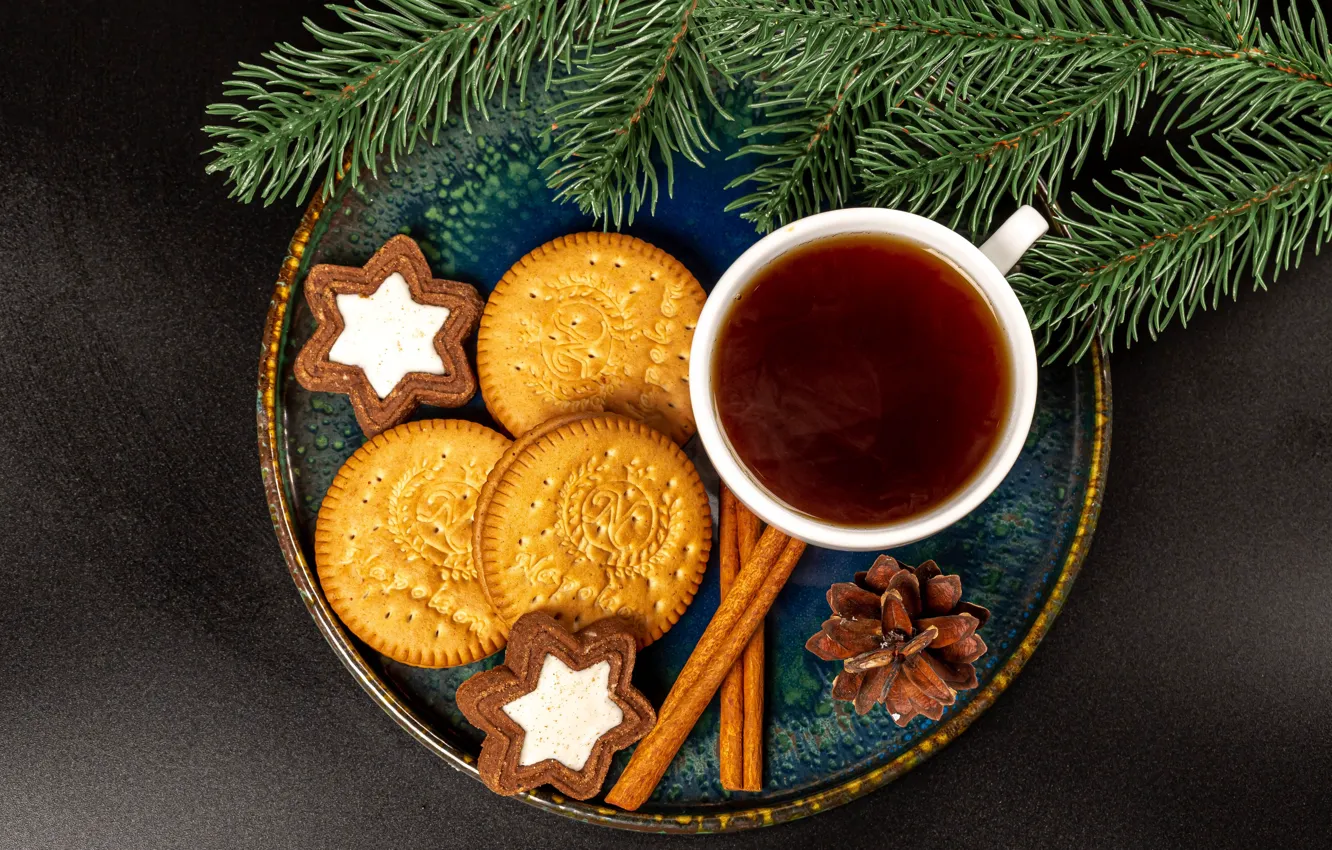 Фото обои ветки, чай, печенье, Рождество, кружка, Новый год, корица, хвоя