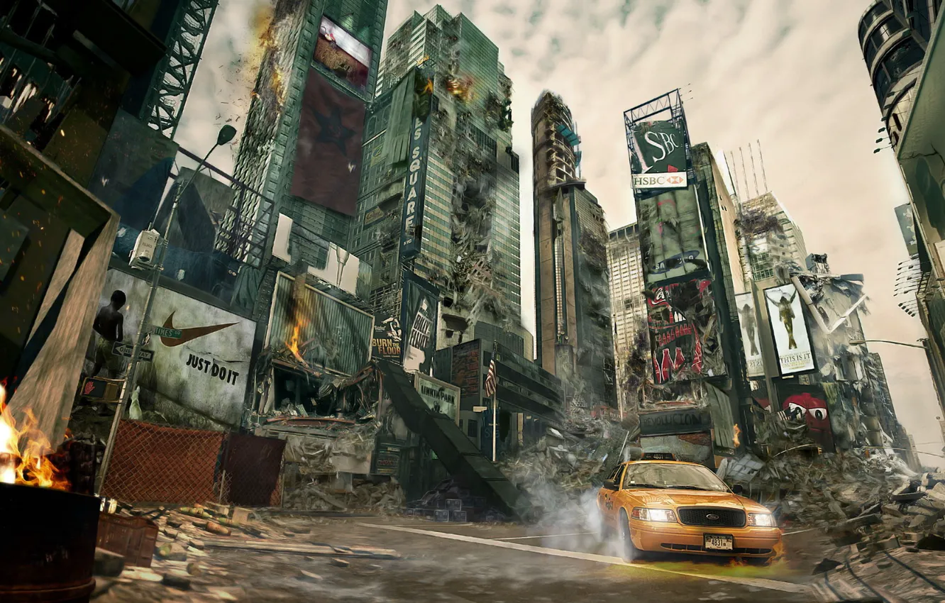 Фото обои апокалипсис, Нью-Йорк, разруха, такси, небоскрёбы