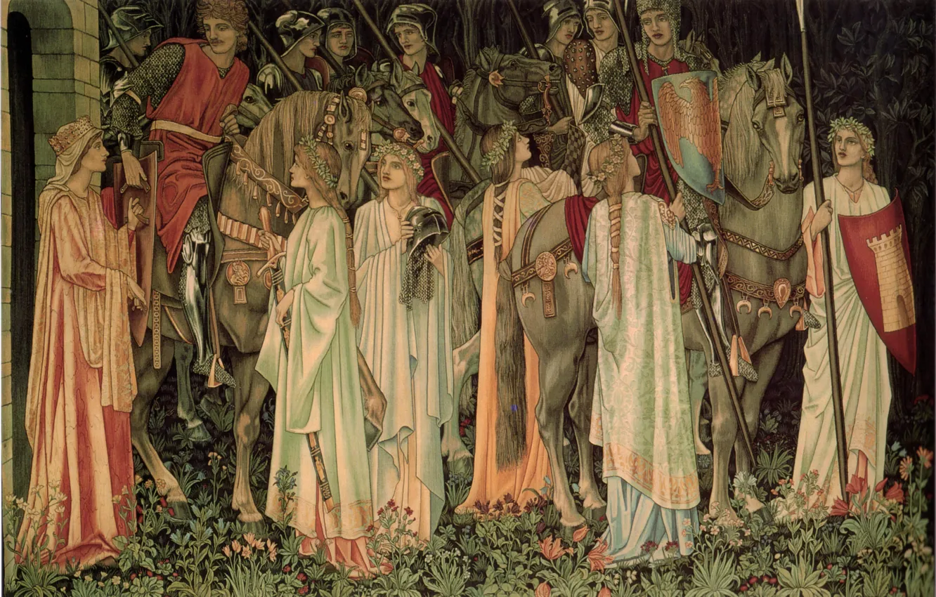 Фото обои Sir Edward Burne-Jones, Holy Grail, and Departure, Tapestry The Arming