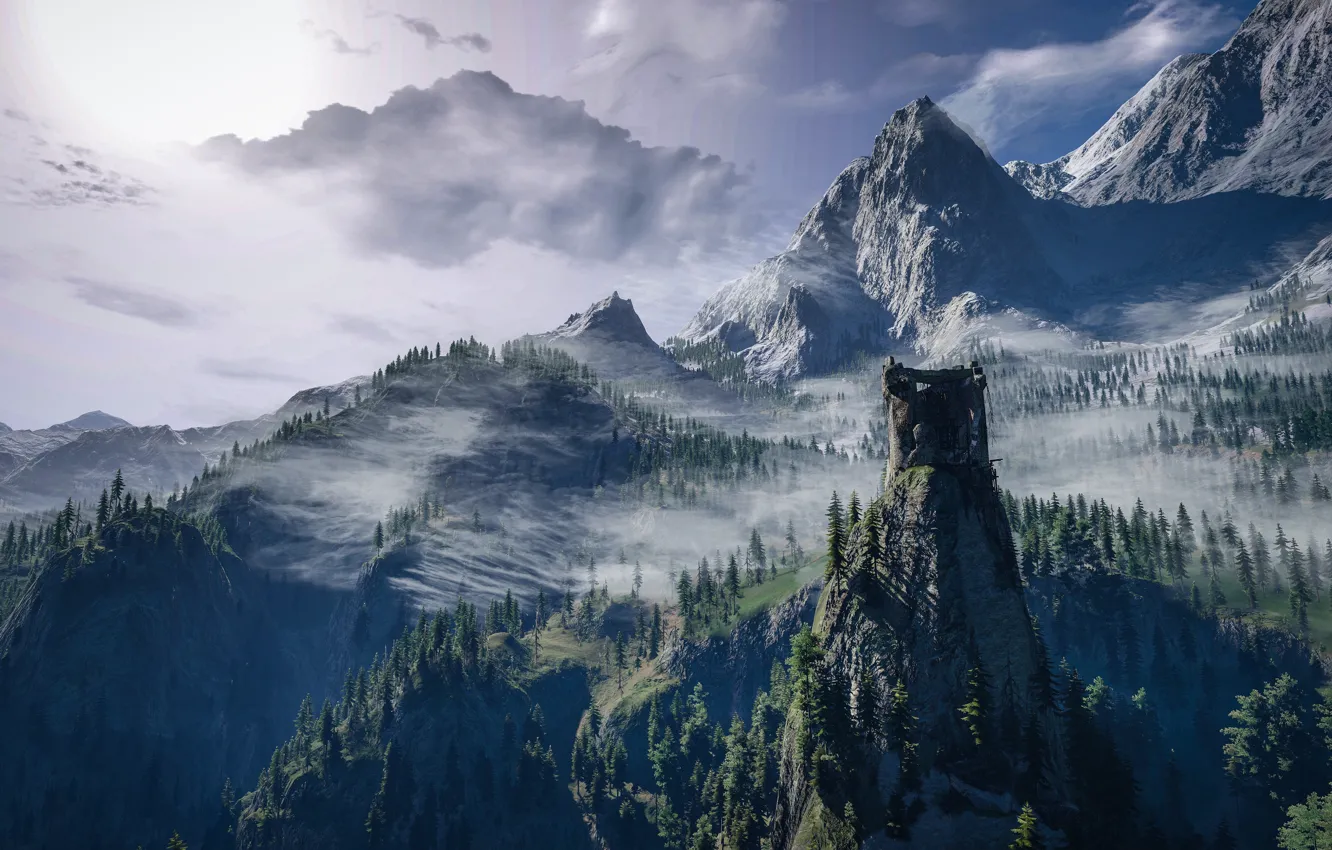 Фото обои пейзаж, горы, ёлки, Ведьмак 3: Дикая Охота