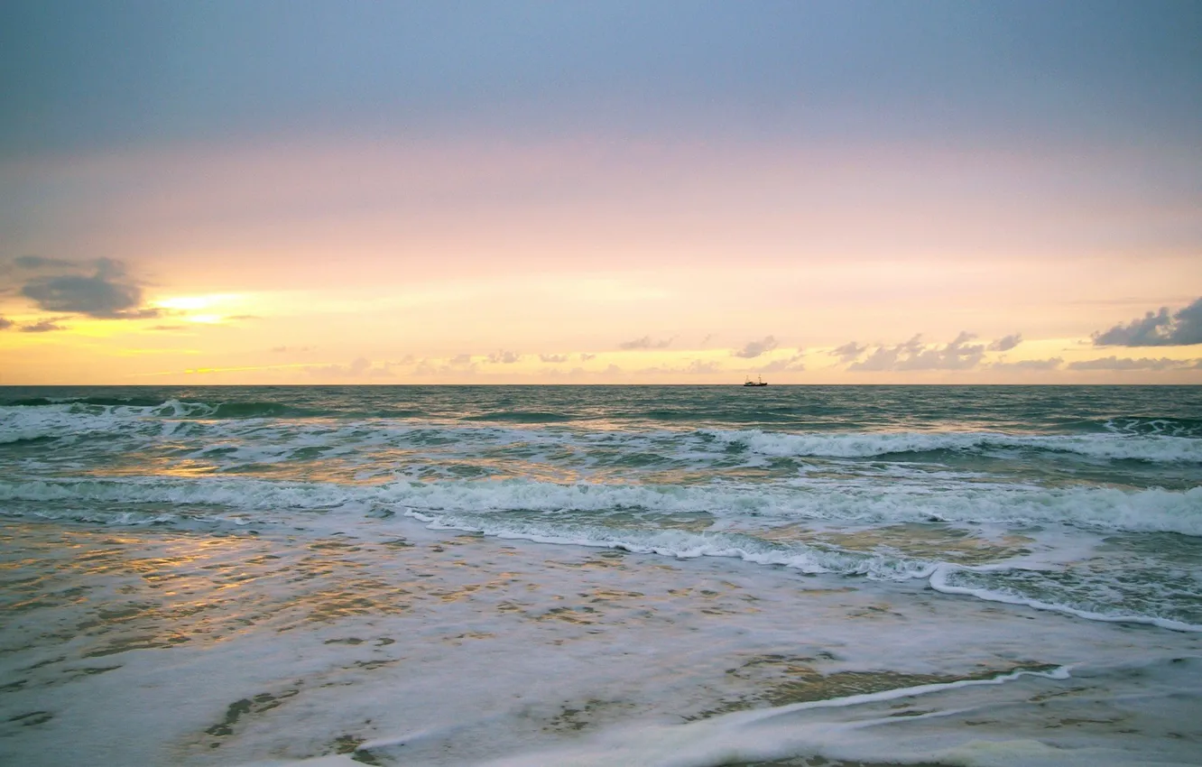 Фото обои море, волны, солнце, восход