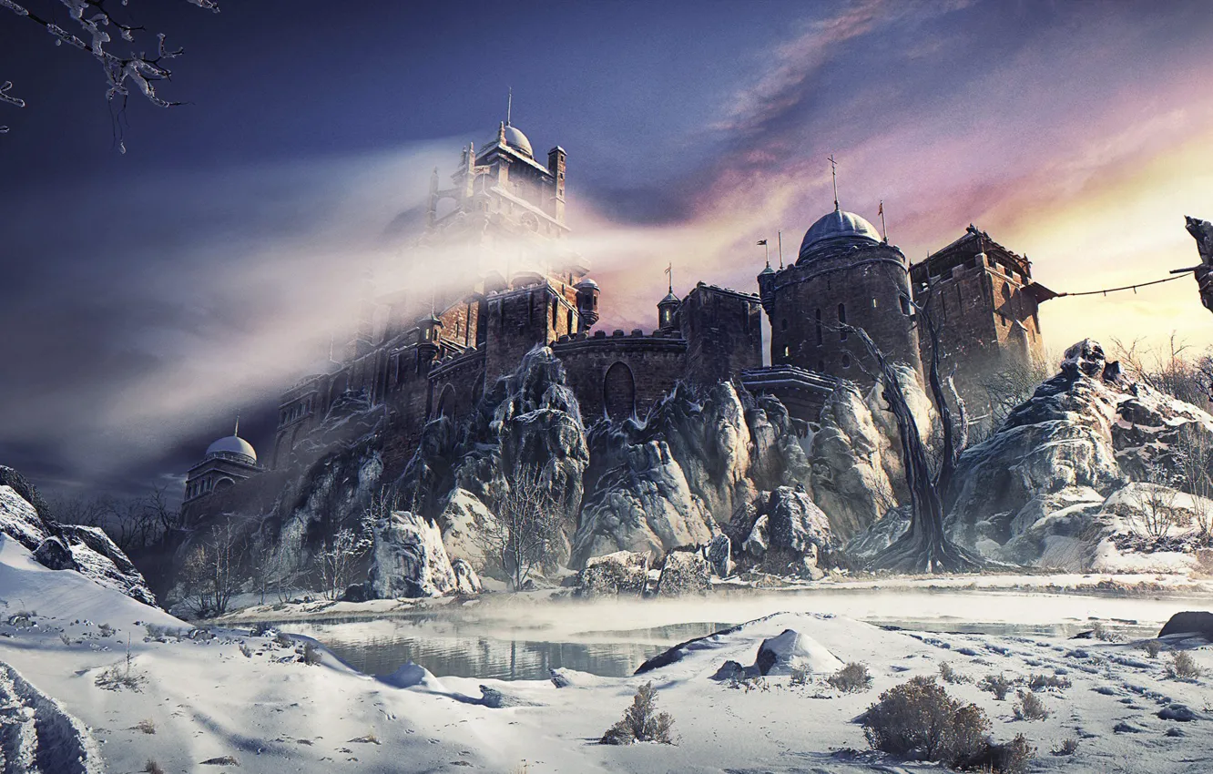 Фото обои небо, вода, снег, деревья, горы, замок, крепость, winter castle