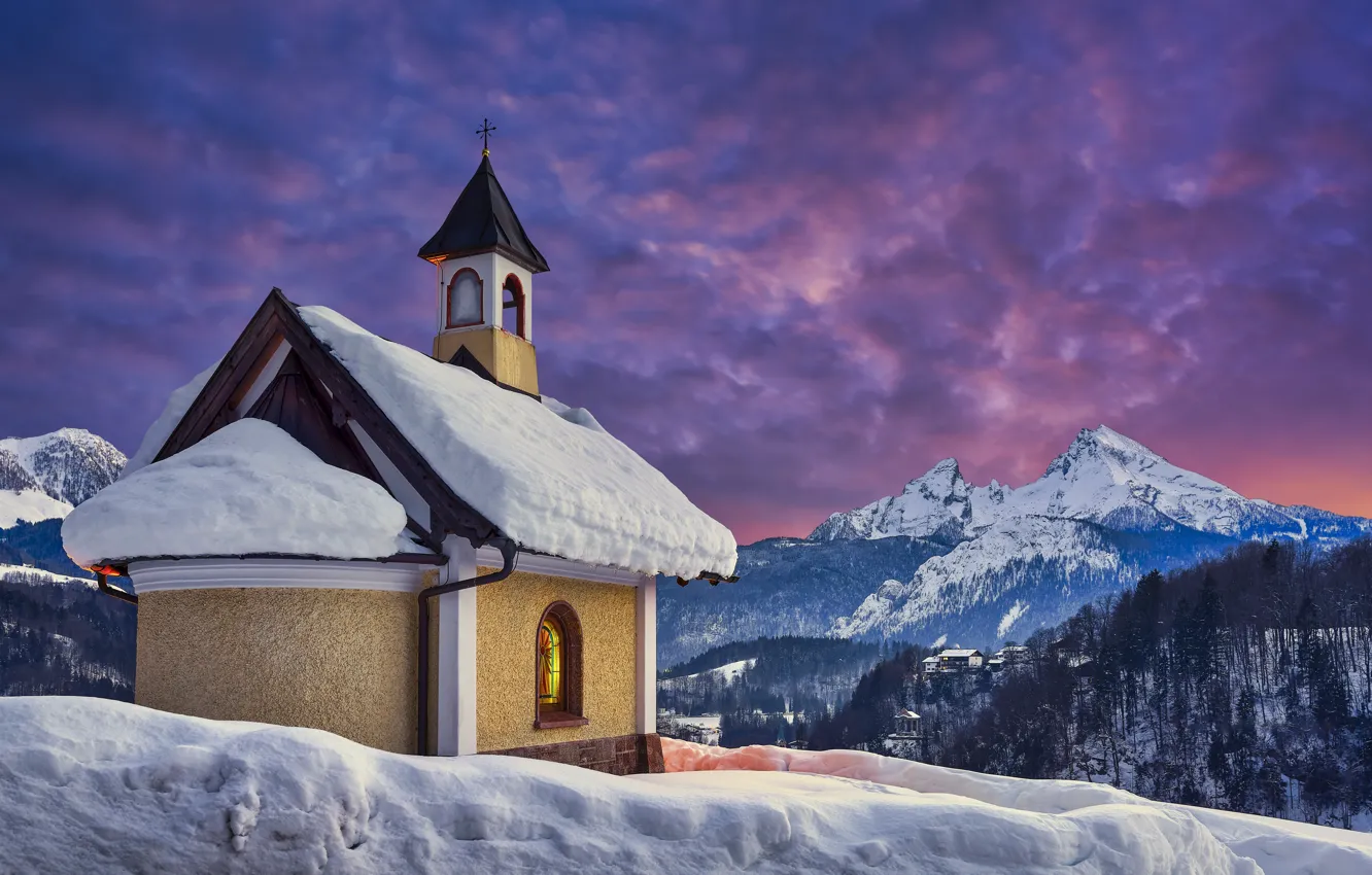 Фото обои зима, снег, пейзаж, закат, горы, природа, Германия, Бавария