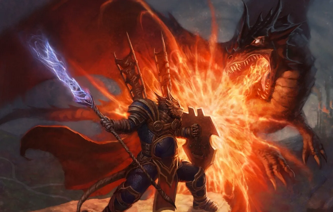 Фото обои оружие, огонь, дракон, монстр, арт, копье, битва, щит
