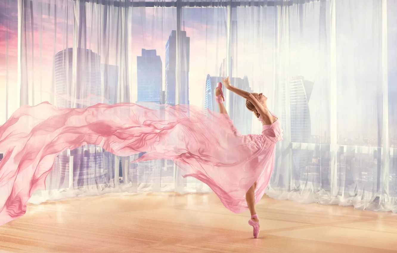Фото обои молодость, балерина, в движении, Ballerina, стройная красотка, язык танца, на фоне небоскребов, dancing girl