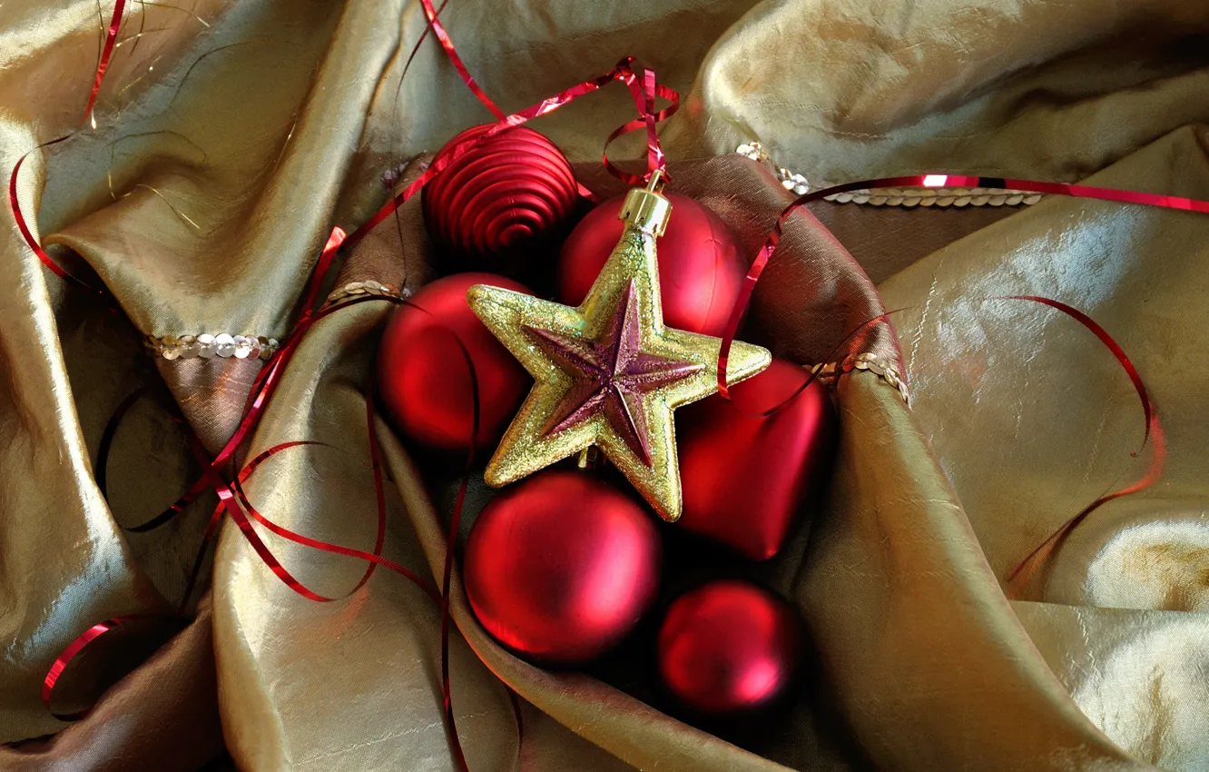 Фото обои шарики, шары, игрушки, звезда, Новый Год, красные, ткань, Christmas