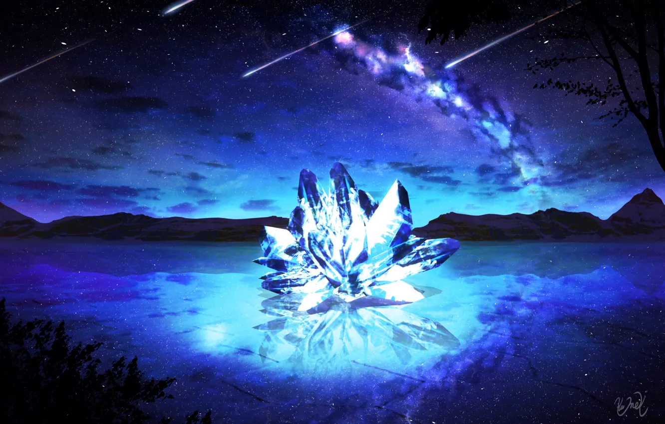 Фото обои небо, кристалл, вода, ночь, фэнтези, млечный путь