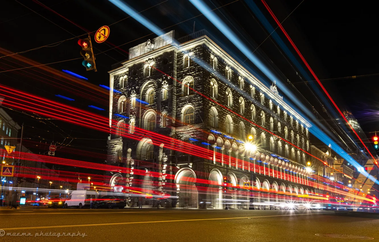 Фото обои свет, здание, Санкт-Петербург, Россия, ночной город, Невский проспект