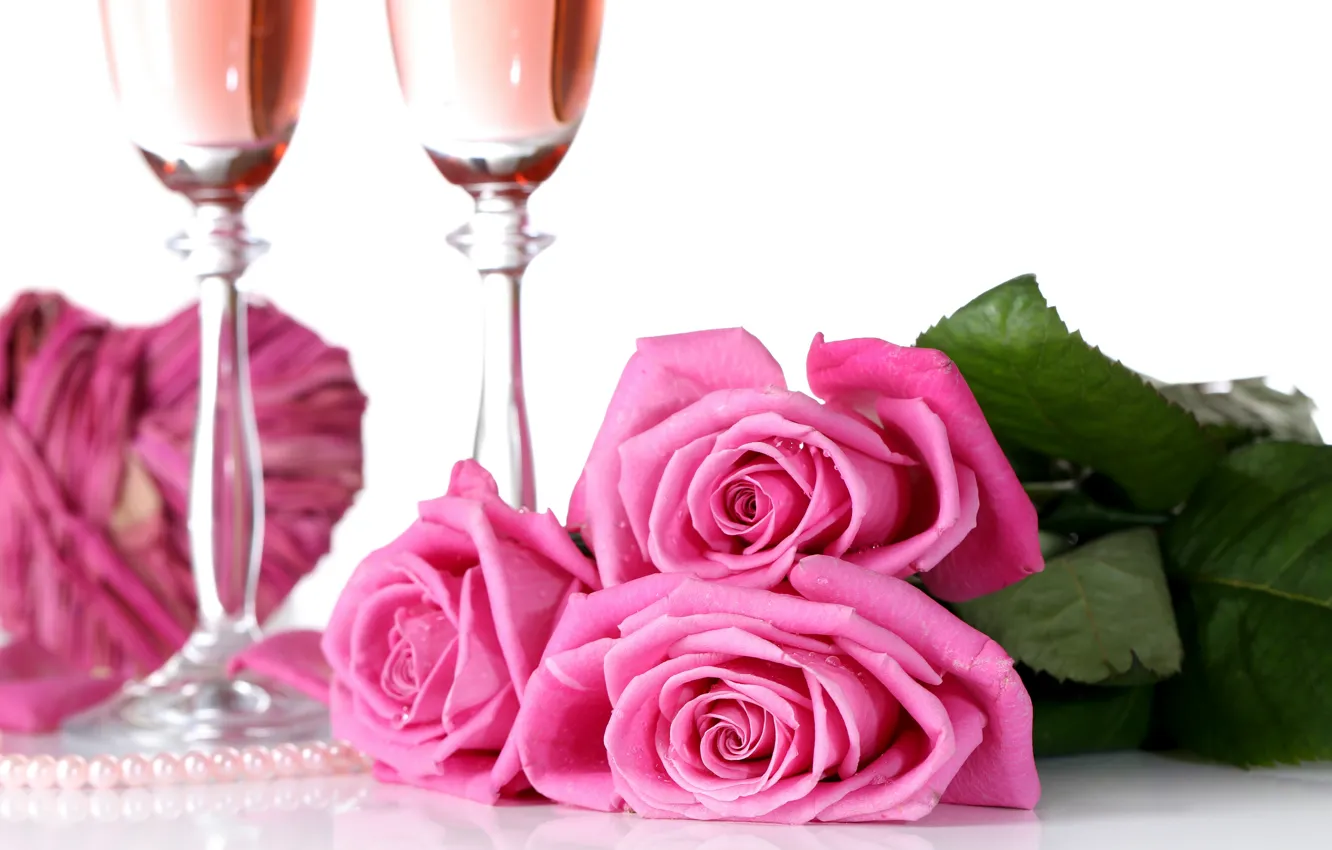 Фото обои розы, бутоны, День Святого Валентина, фужеры
