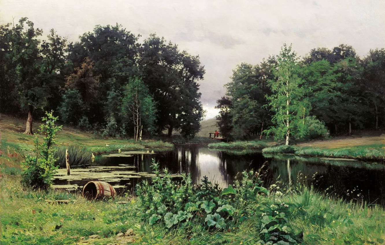 Фото обои лето, природа, Волков Ефим Ефимович, Пейзаж с прудом