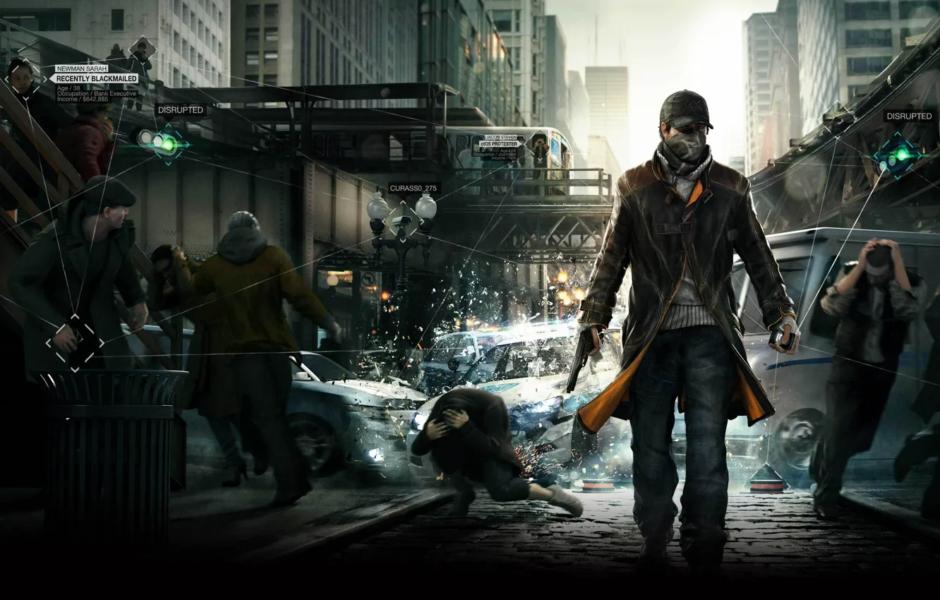 Фото обои пистолет, Chicago, Ubisoft Montreal, Сторожевые псы, Aiden Pearce, watch dogs