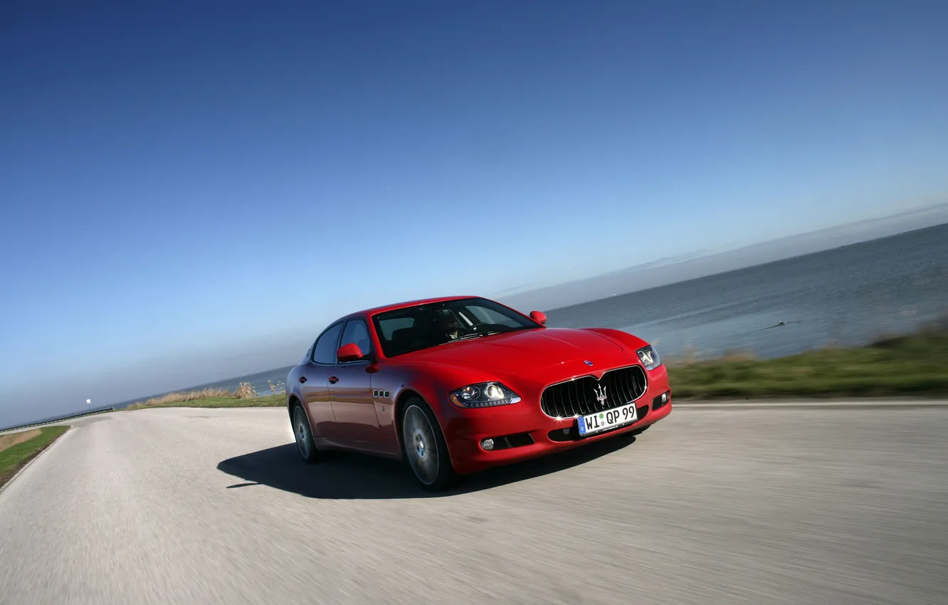 Фото обои Maserati, Quattroporte, Красный, Дорога, Езда