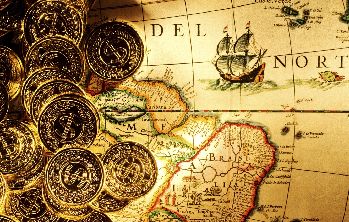 Фото обои золото, карта, деньги, wallpaper, пираты, монеты