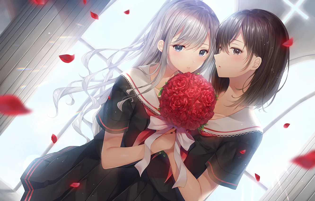 Фото обои девочки, розы, букет