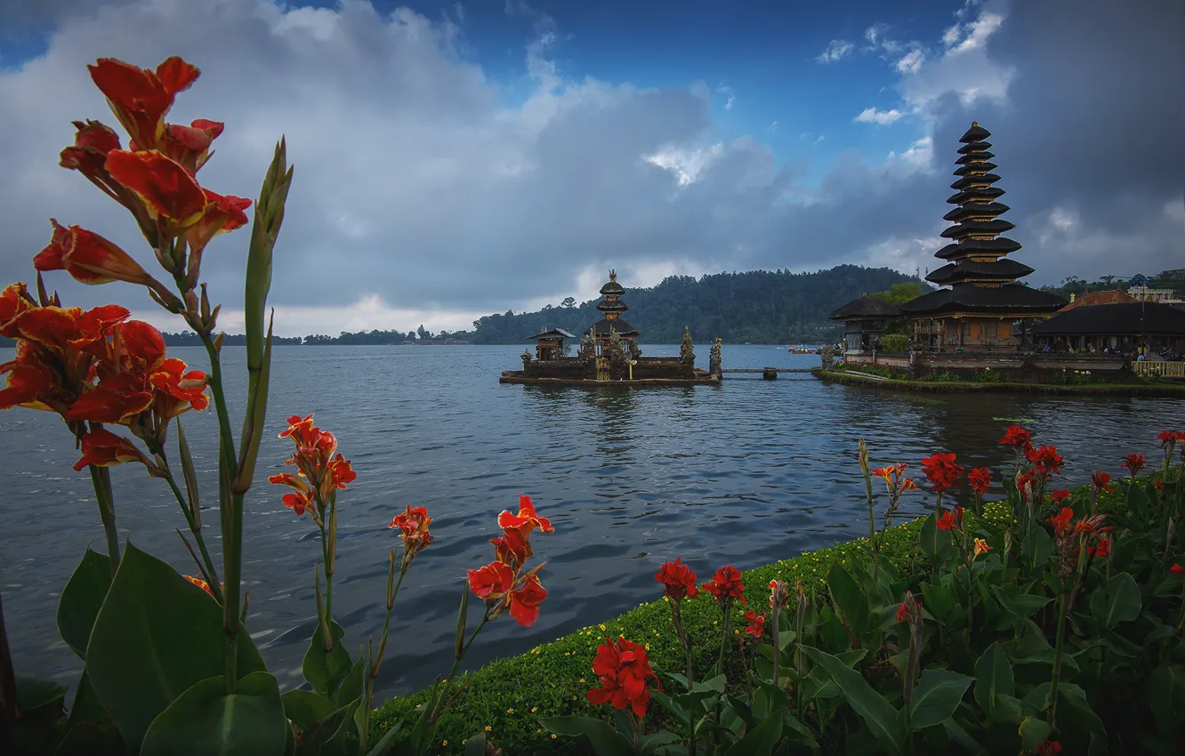 Фото обои облака, пейзаж, цветы, озеро, берег, Бали, Индонезия, храм