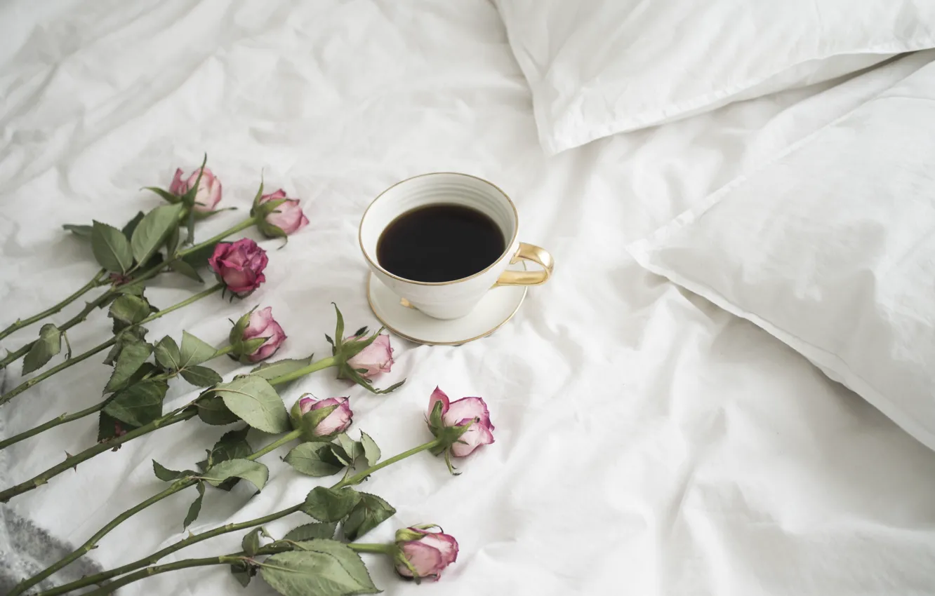 Фото обои кофе, розы, букет