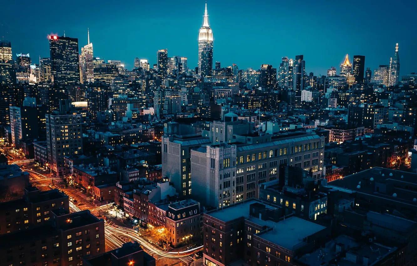 Фото обои ночь, city, город, огни, небоскребы, new york, нью - йорк
