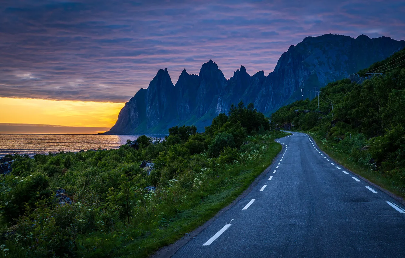 Фото обои дорога, море, закат, горы, побережье, растительность, Норвегия, Norway