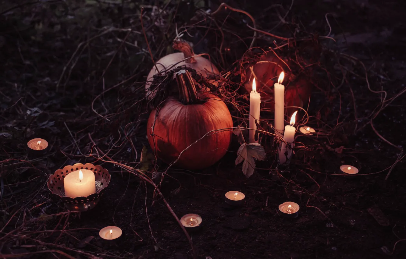 Фото обои ночь, свечи, тыквы, Хэллоуин, ретуал