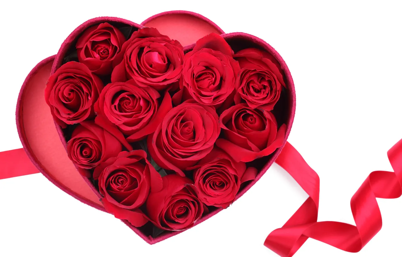 Фото обои коробка, подарок, сердце, розы, лента, красные, love, valentine's day