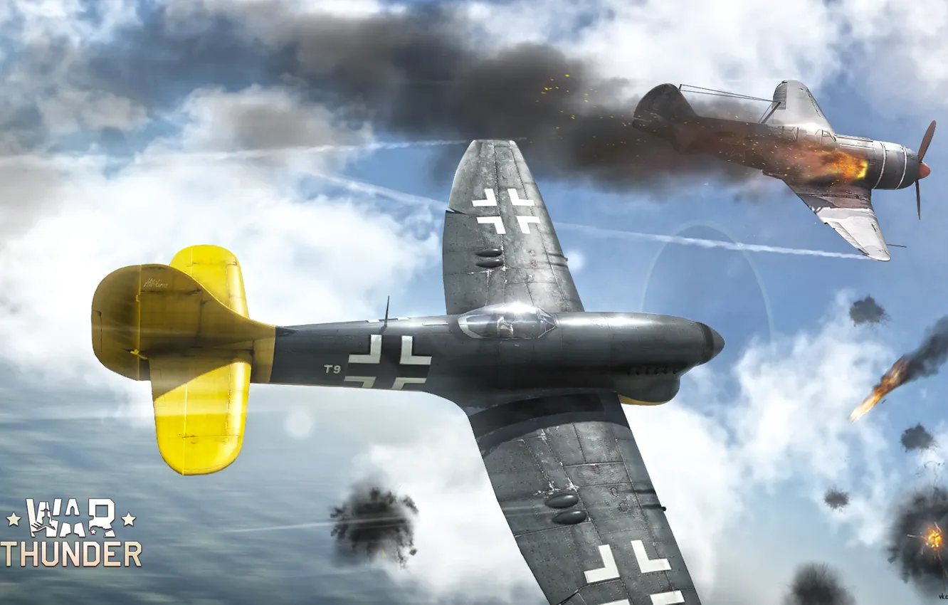Фото обои небо, облака, истребитель, Арт, британский, поршневой, War Thunder, ВВС Британии