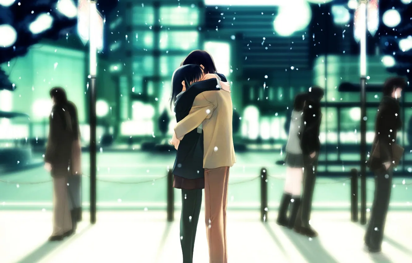 Фото обои зима, девушка, снег, город, люди, дома, аниме, арт