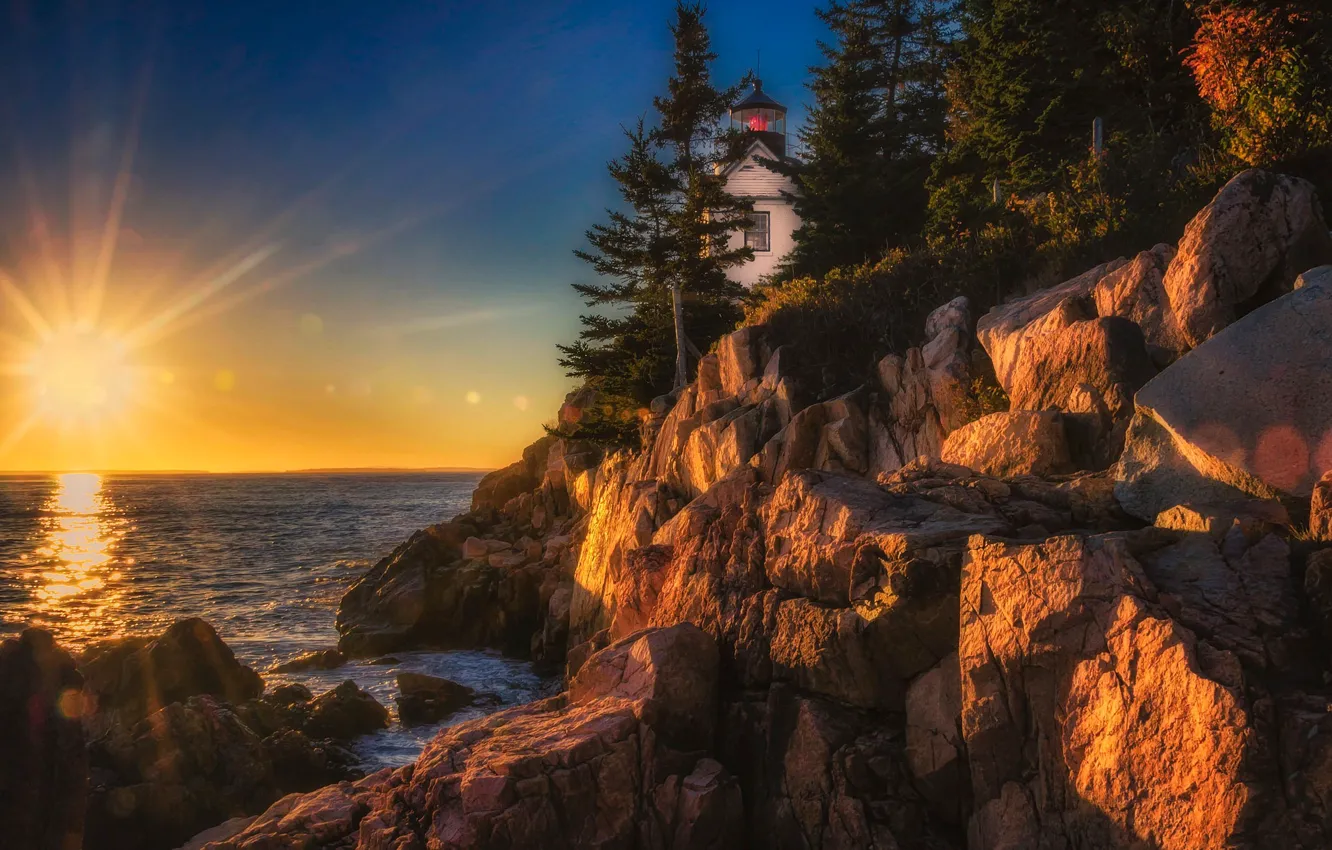 Фото обои закат, океан, скалы, маяк, Maine, Мэн, Acadia National Park, Национальный парк Акадия