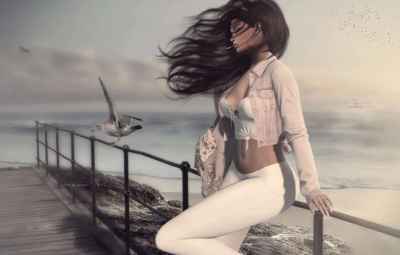 Фото обои море, девушка, лицо, ветер, волосы, фигура