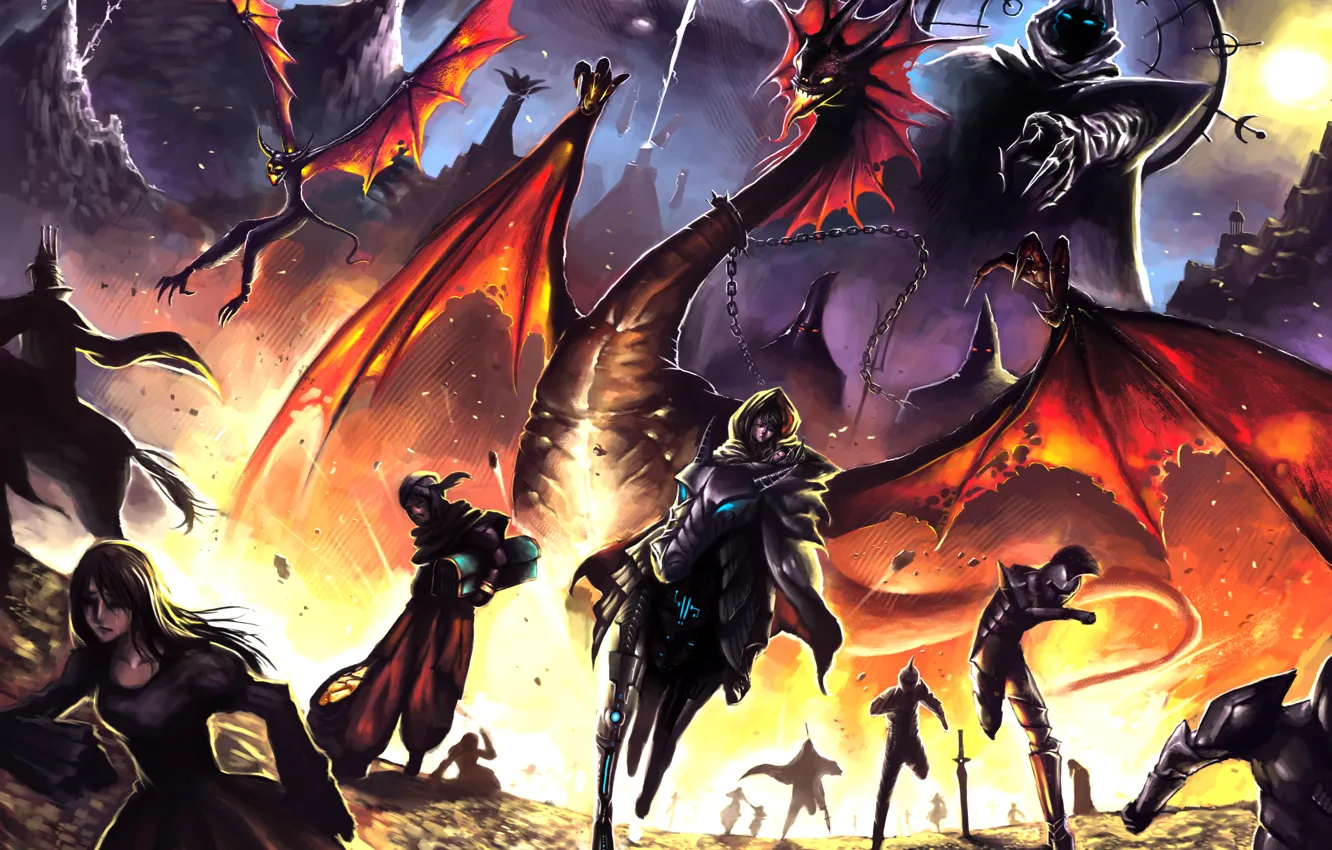 Фото обои фантастика, огонь, дракон, крылья, демон, арт, цепь