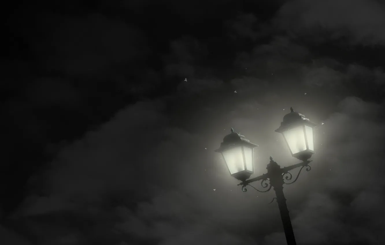 Фото обои звезды, облака, ночь, минимализм, Фонарь