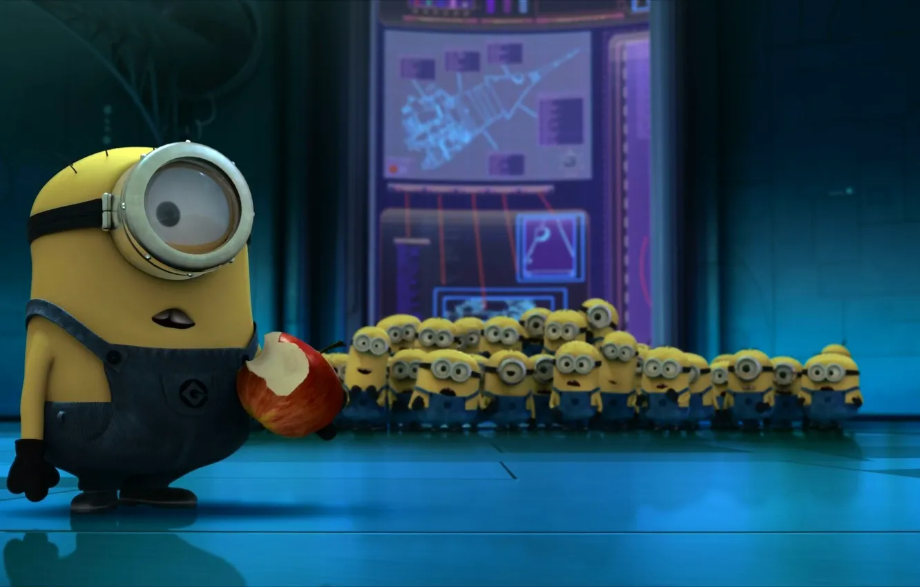Фото обои apple, яблоко, очки, лаборатория, гадкий я, смайлики, миньоны, despicable me