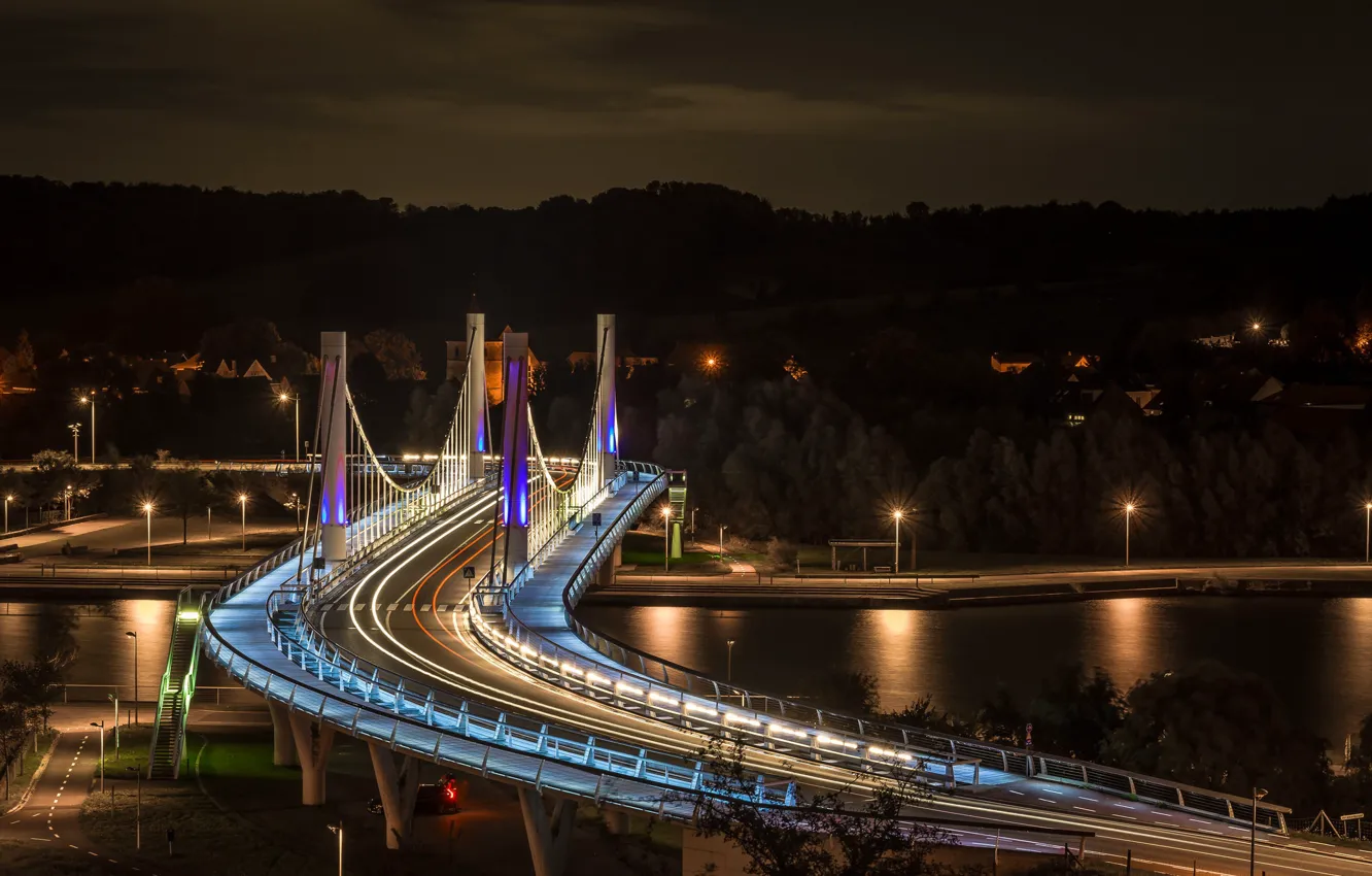 Фото обои ночь, мост, огни, река, Бельгия, Канне