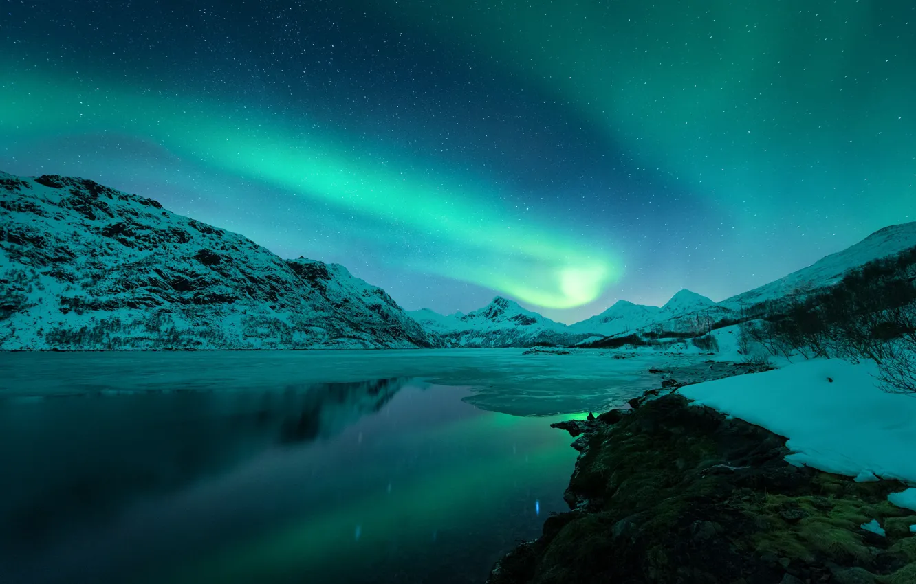 Фото обои зима, горы, северное сияние, Норвегия, Lofoten