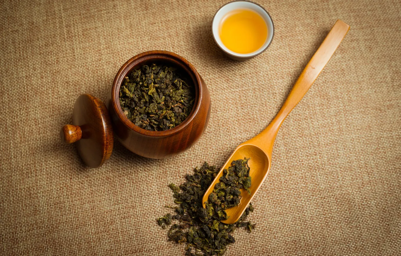 Фото обои листья, чай, напиток, лопатка, пиала, зелёный чай