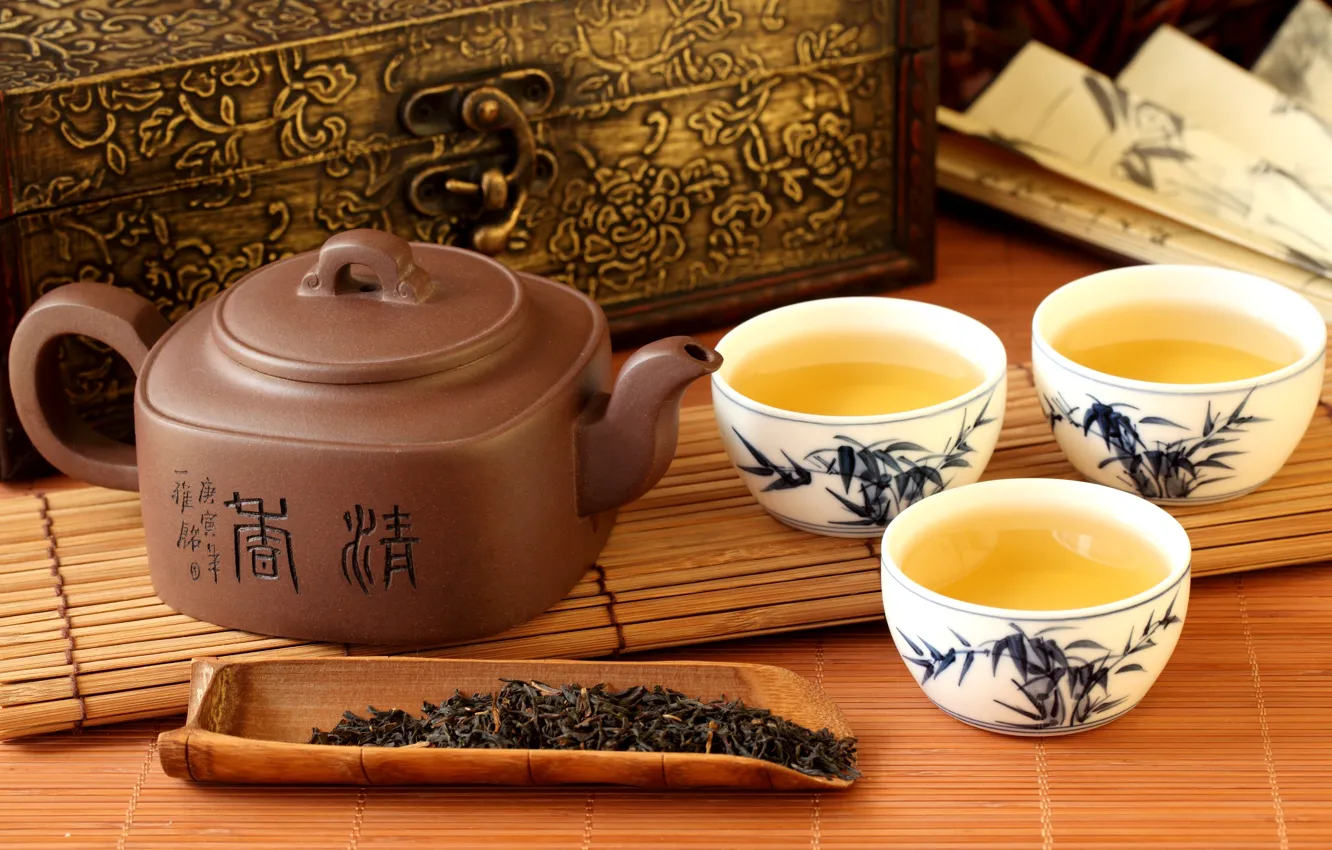 Фото обои чай, чайник, веер, чаепитие, чашки, иероглифы, шкатулка, заварка