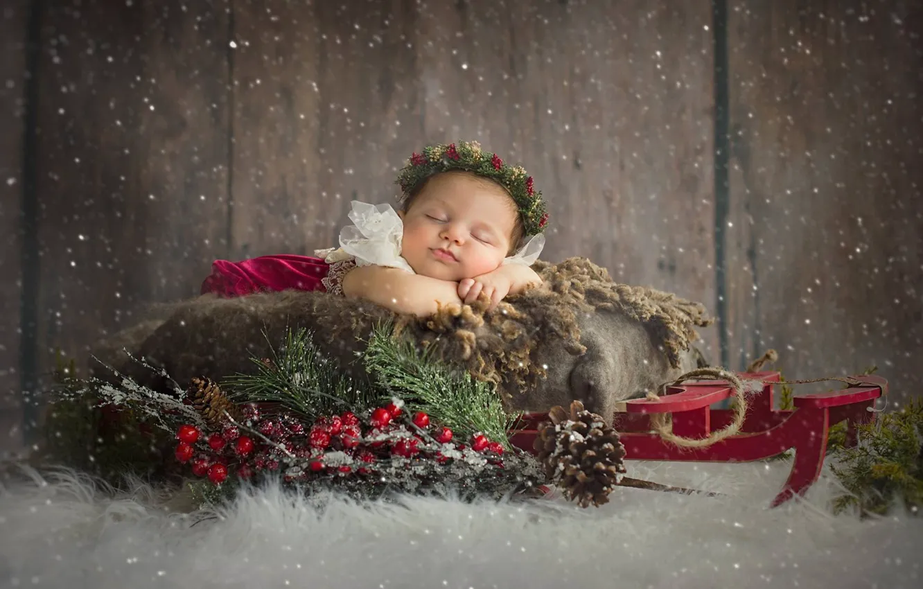 Фото обои снег, ветки, ягоды, сон, Рождество, девочка, санки, венок