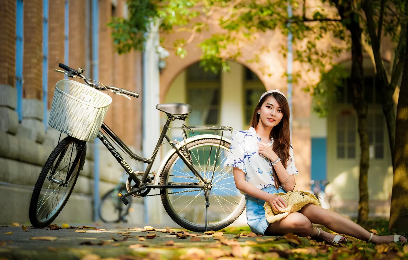 Фото обои лето, девушка, велосипед, азиатка