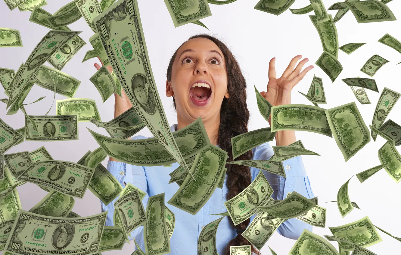 Фото обои Девушка, США, Деньги, Женщина, Доллары, Радость, 100, Успех