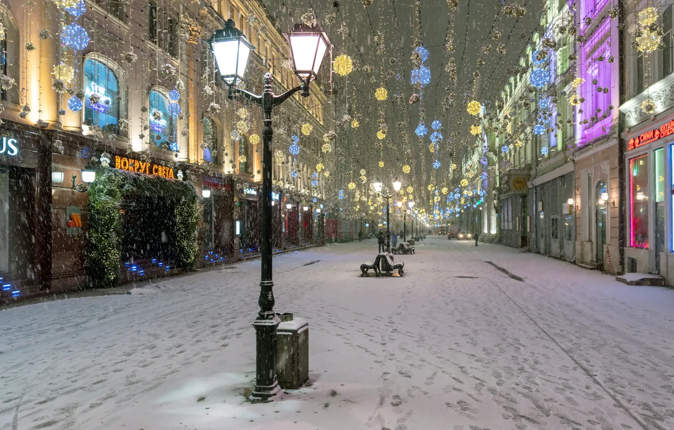 Фото обои зима, снег, улица, фонари, Эдуард Гордеев