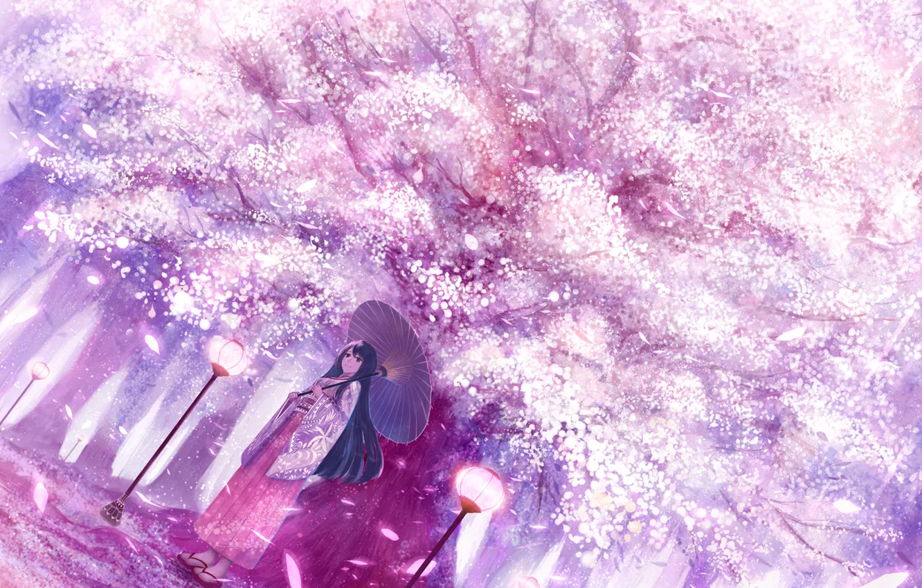 Фото обои девушка, зонтик, арт, фонари, цветущая сакура, bounin
