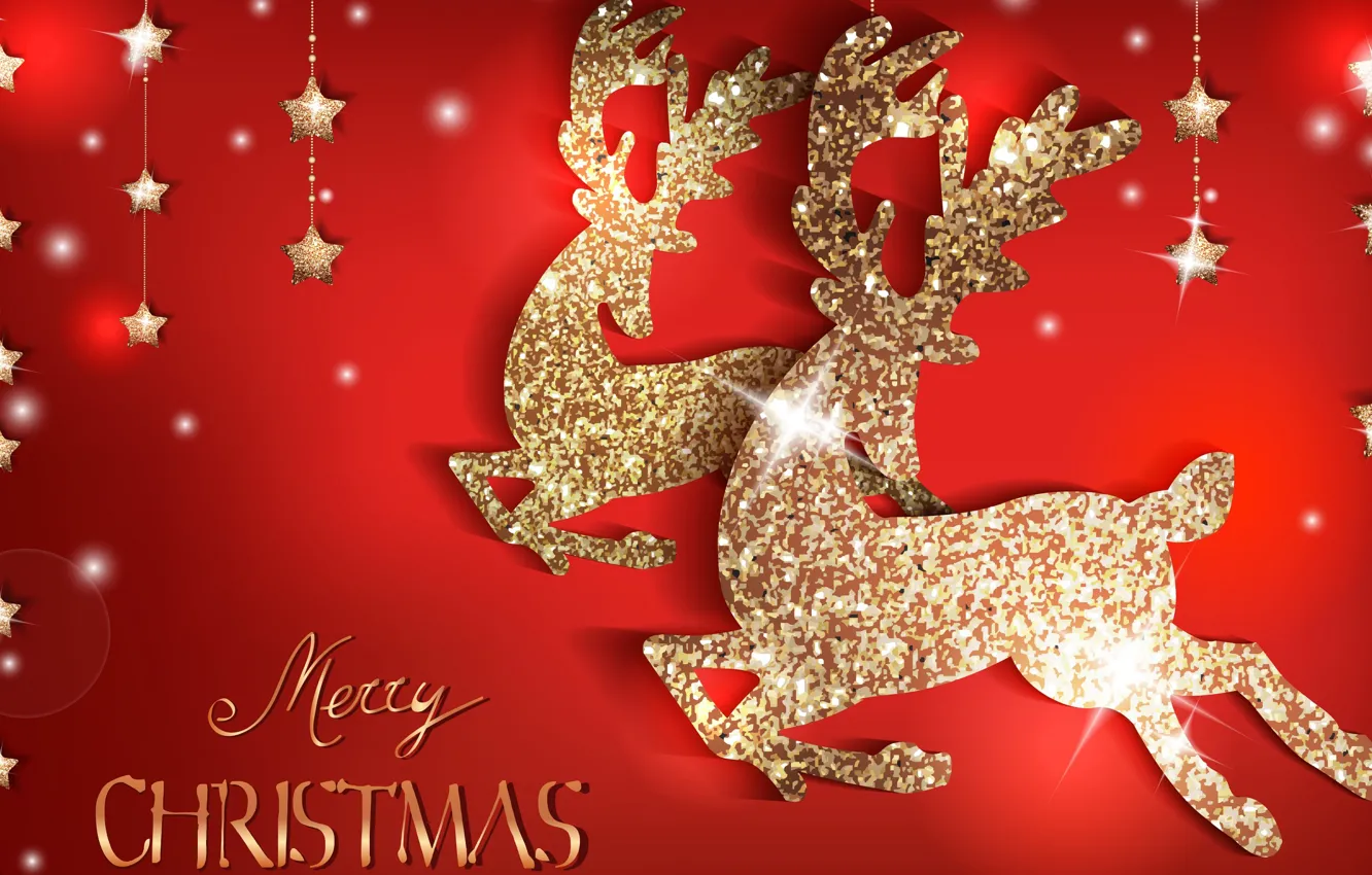 Фото обои праздник, блеск, Новый год, red, golden, олени, merry christmas, декор